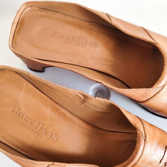 Cole Haan Sandals Mules 8.5 Tan Leather Sole Slides Low 1.5" Open Toe Y2K 90s - Picture 10 of 13